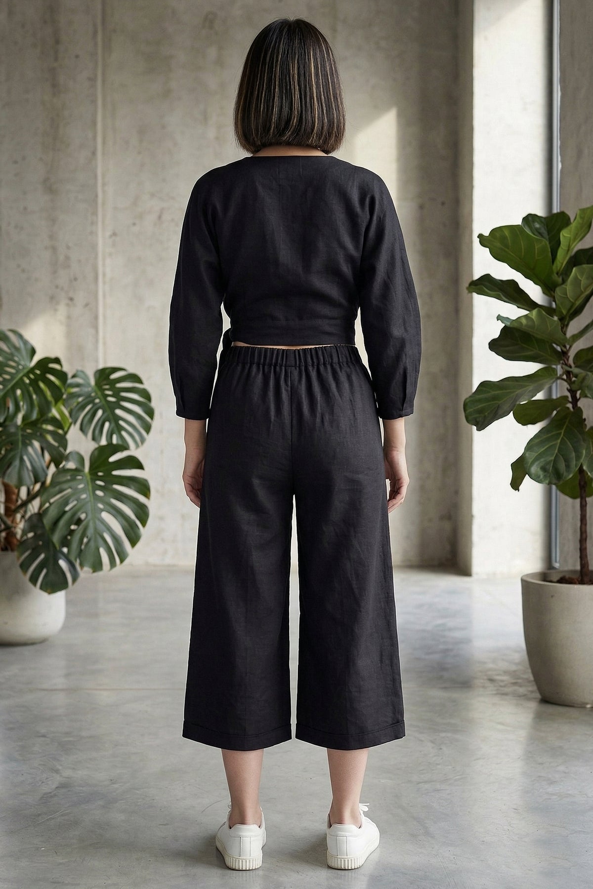 Black Cotton Linen Flare Pant