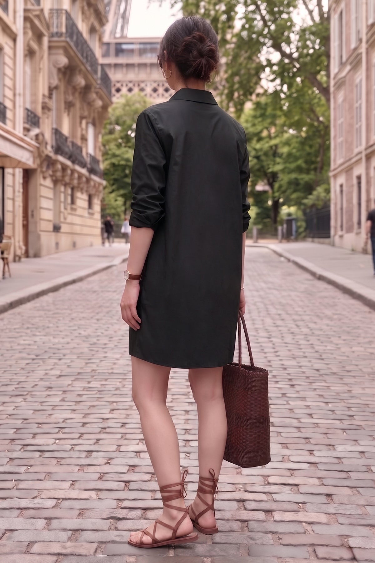 Black Cotton Mini Shirt Dress