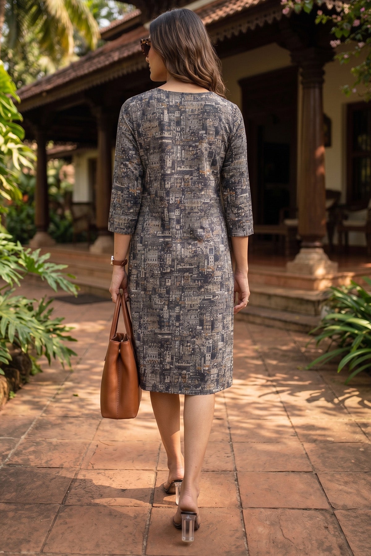 Black A-Line Print V-Neck Dress