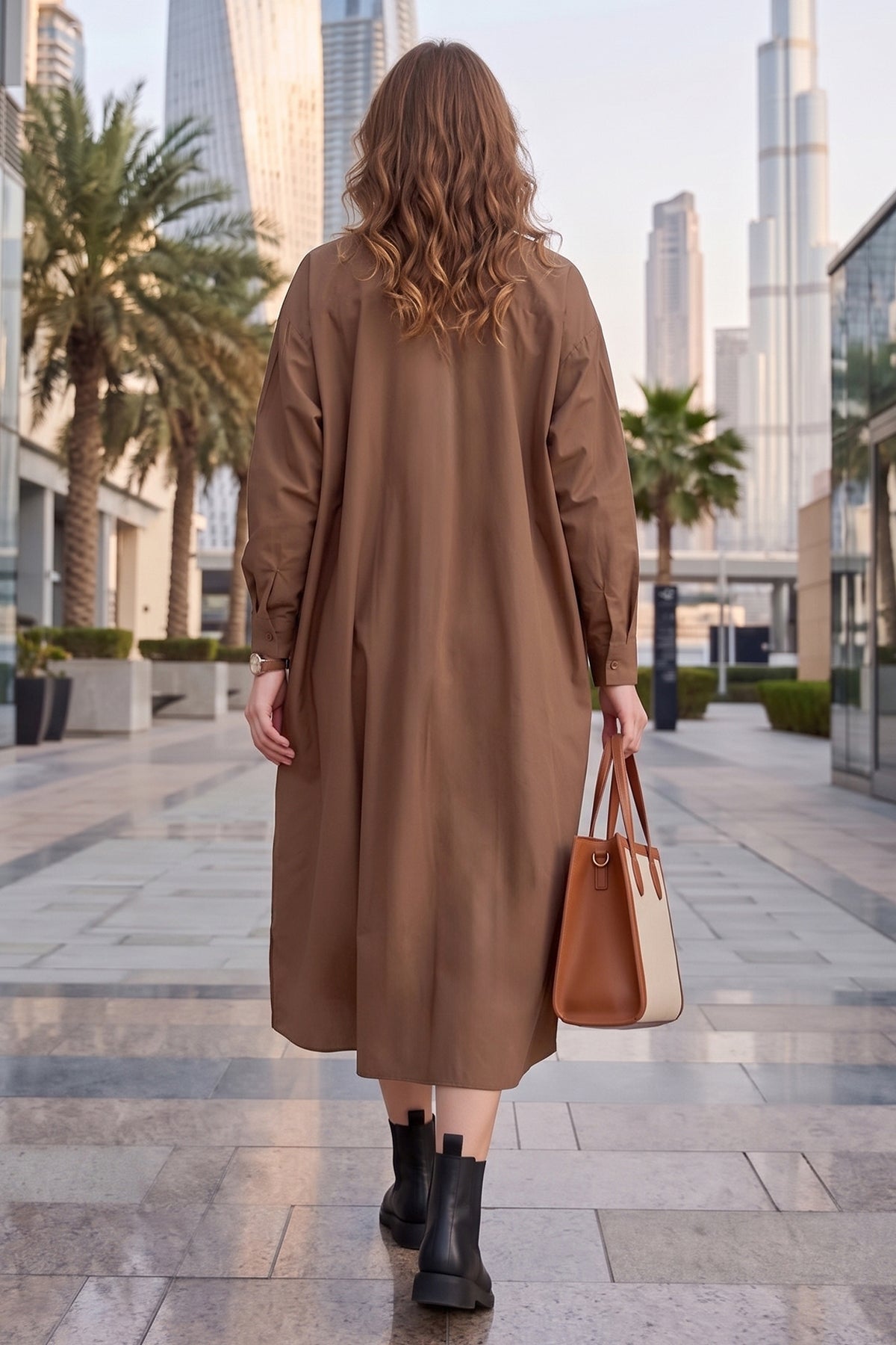 Coffee Cotton Collar Midi Dress