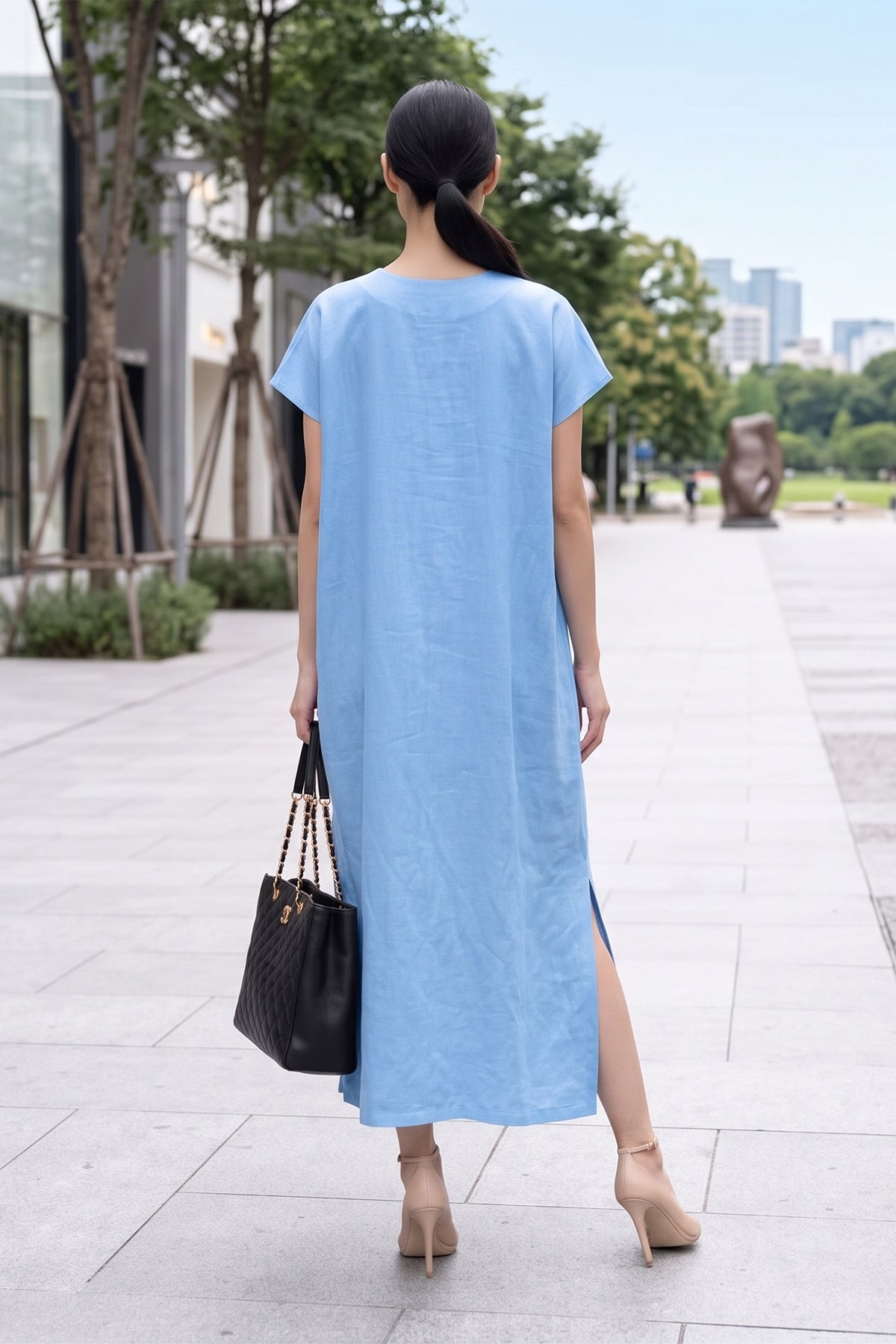 Ice Blue Front Pocket Slit Dress
