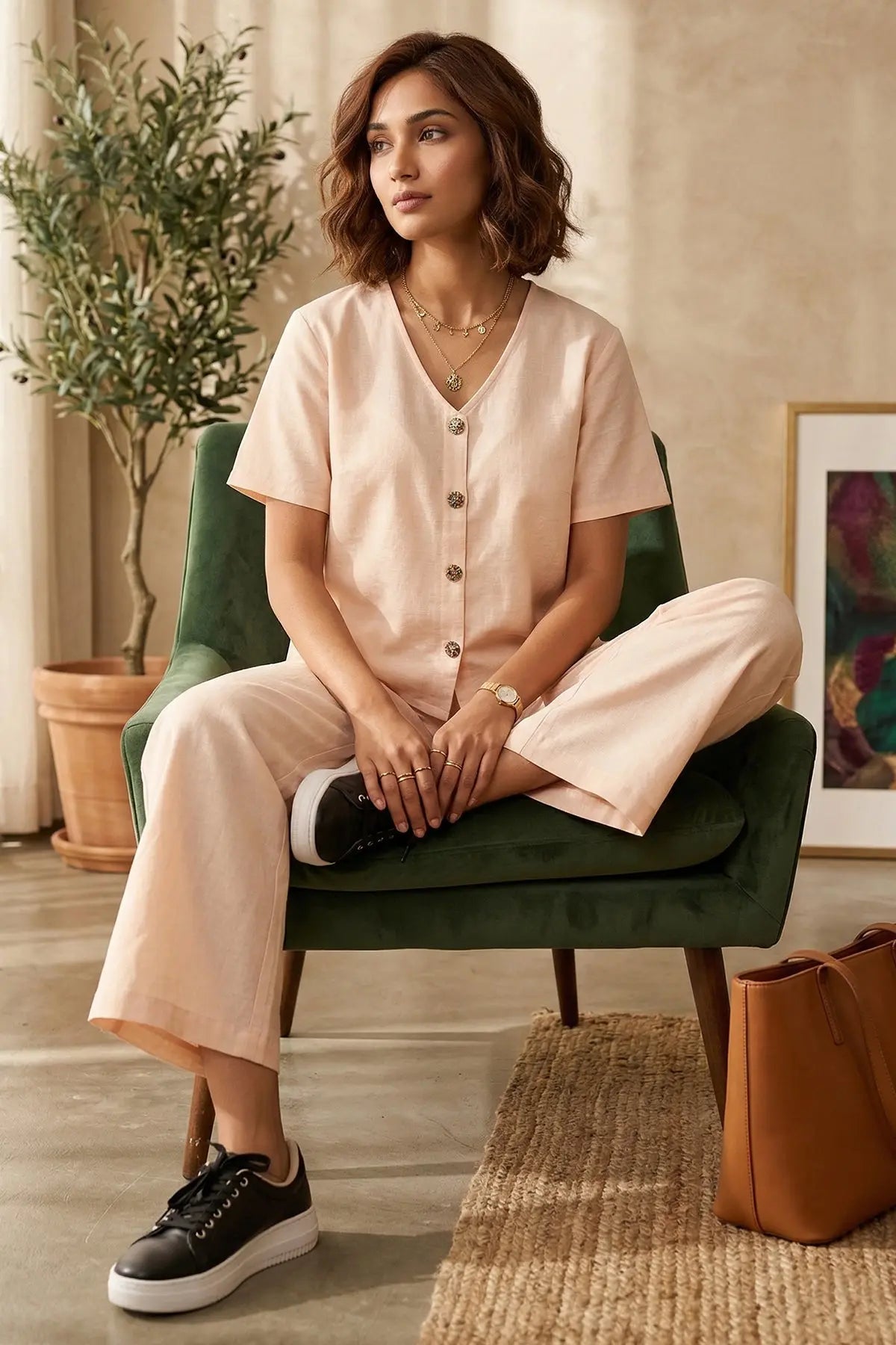 Peach Cotton Linen Button Top SNEHA B