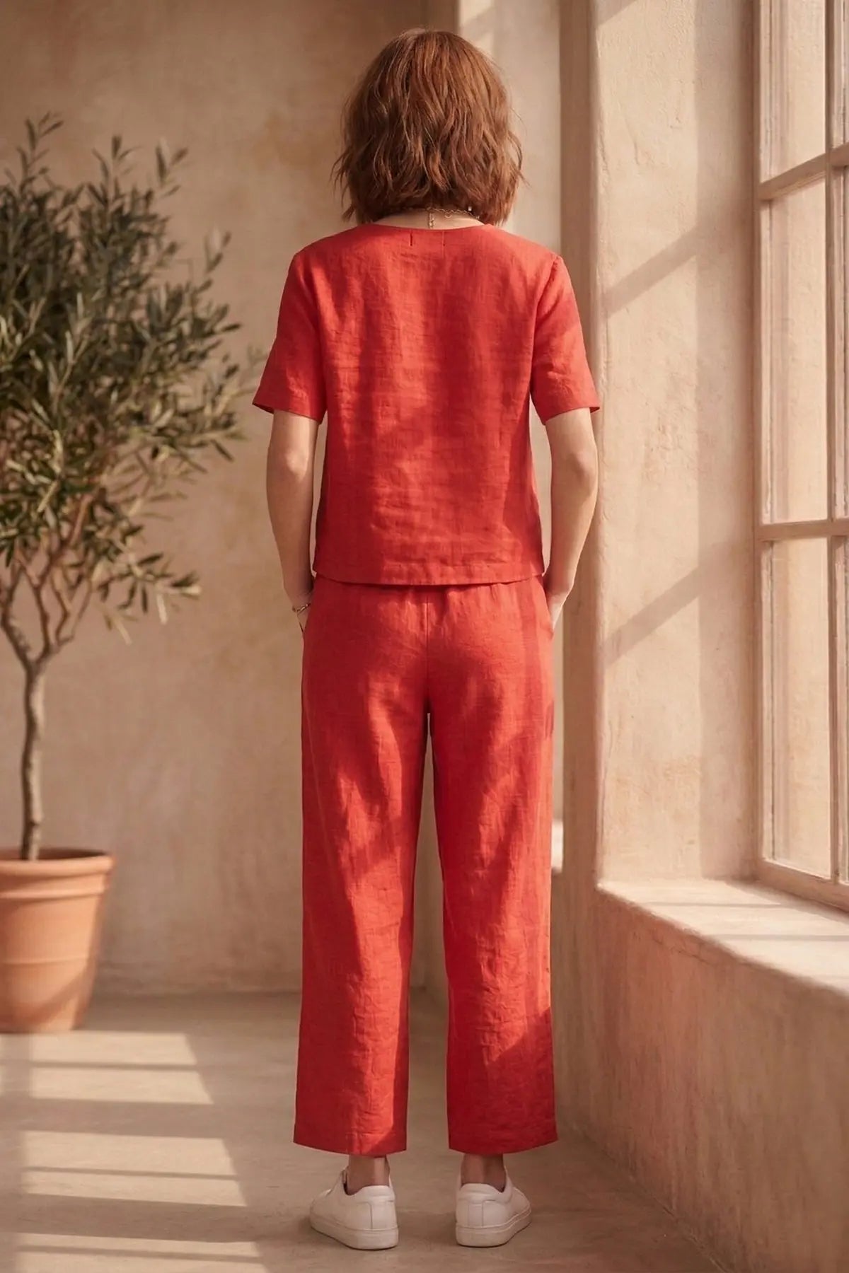 Red Cotton Linen Button Top SNEHA B