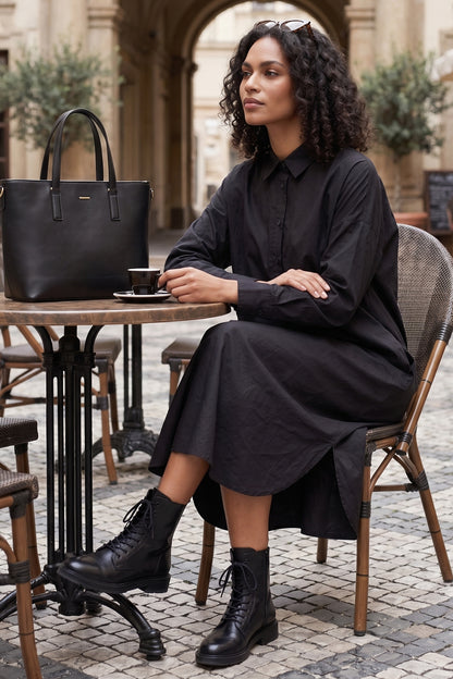 Black Cotton Collar Midi Dress