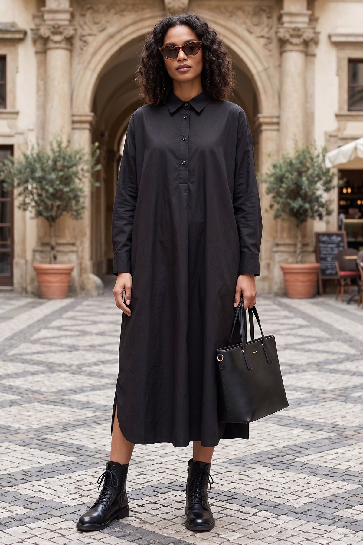 Black Cotton Collar Midi Dress