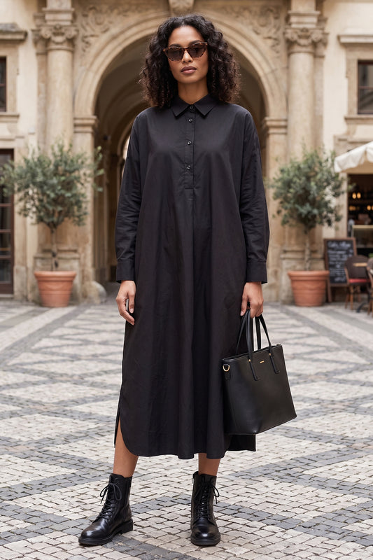 Black Cotton Collar Midi Dress
