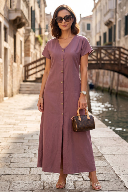 Aubergine Cotton Button Dress