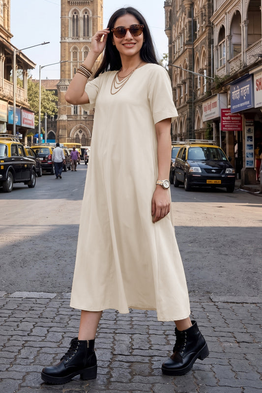Bamboo Cotton Cream Flare Dress