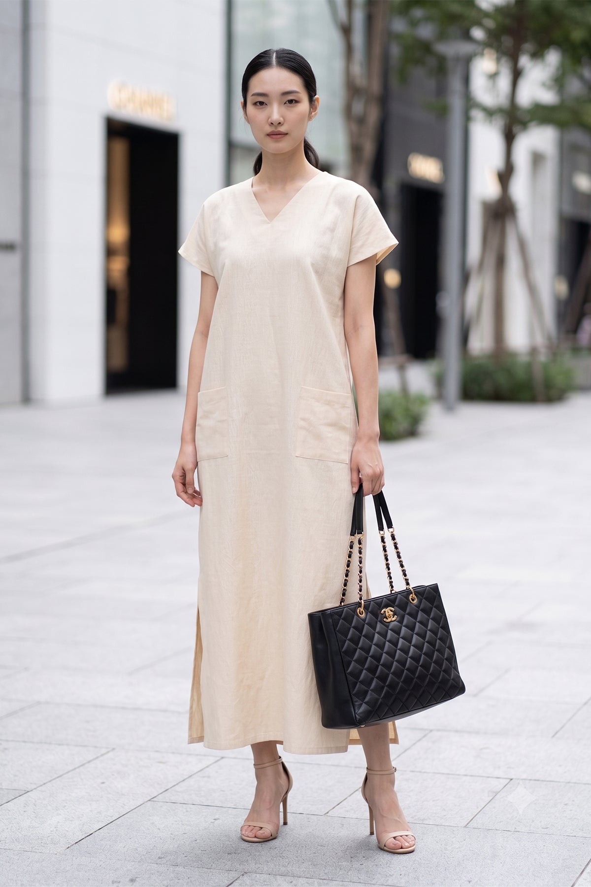 Beige Front Pocket Slit Dress
