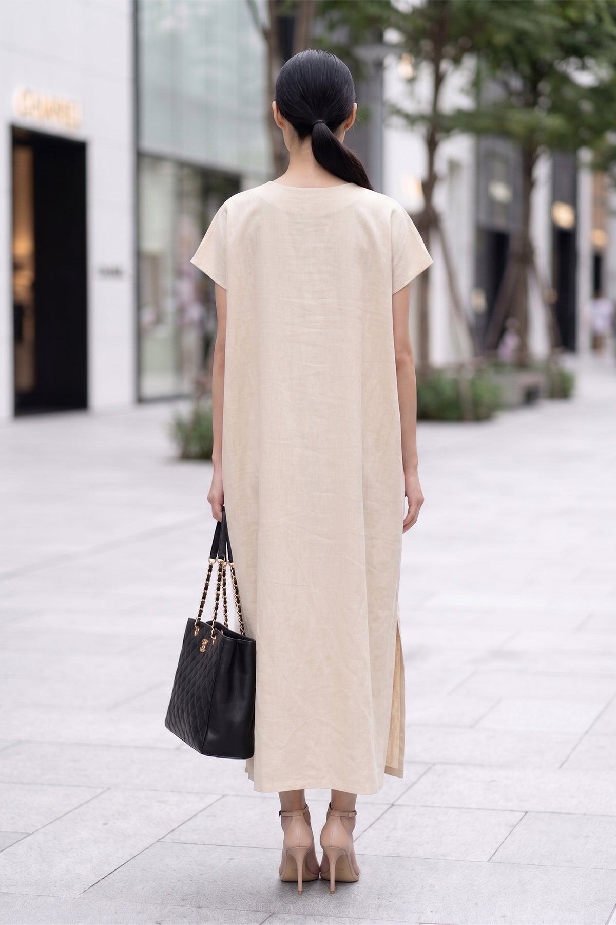 Beige Front Pocket Slit Dress