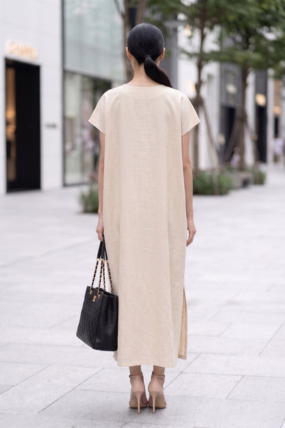Beige Front Pocket Slit Dress