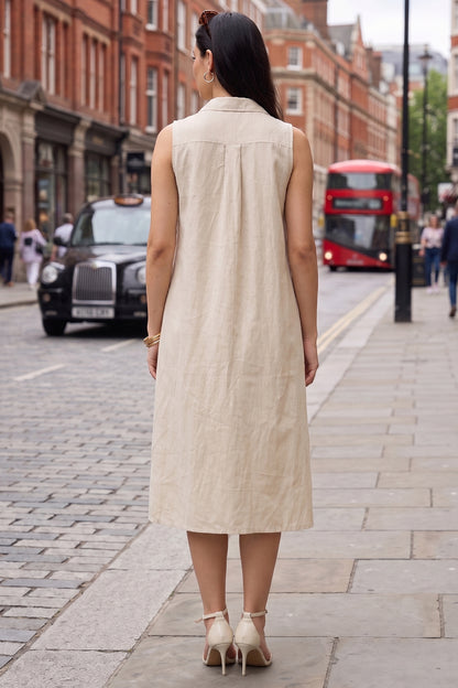 Beige Sleeveless Shirt Dress