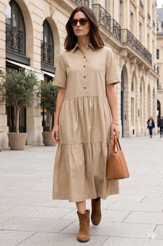 Beige Button Tiered Midi Dress