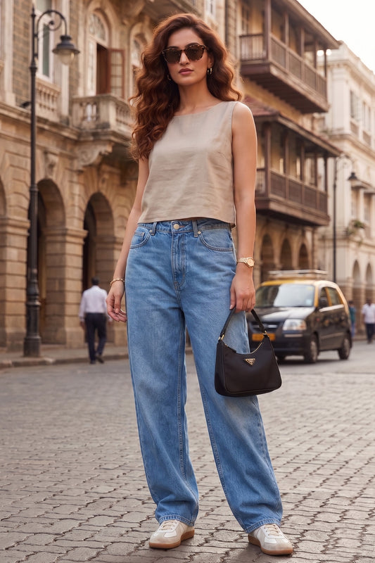 Beige Cotton Linen Crop Top