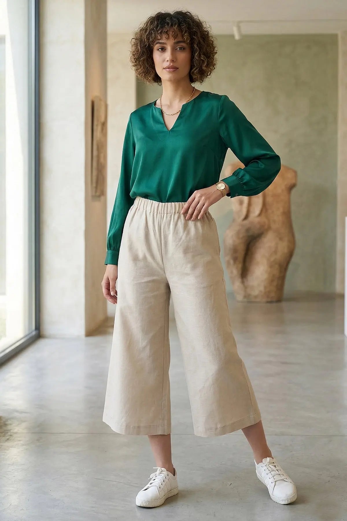 Beige Cotton Linen Flare Pant SNEHA B