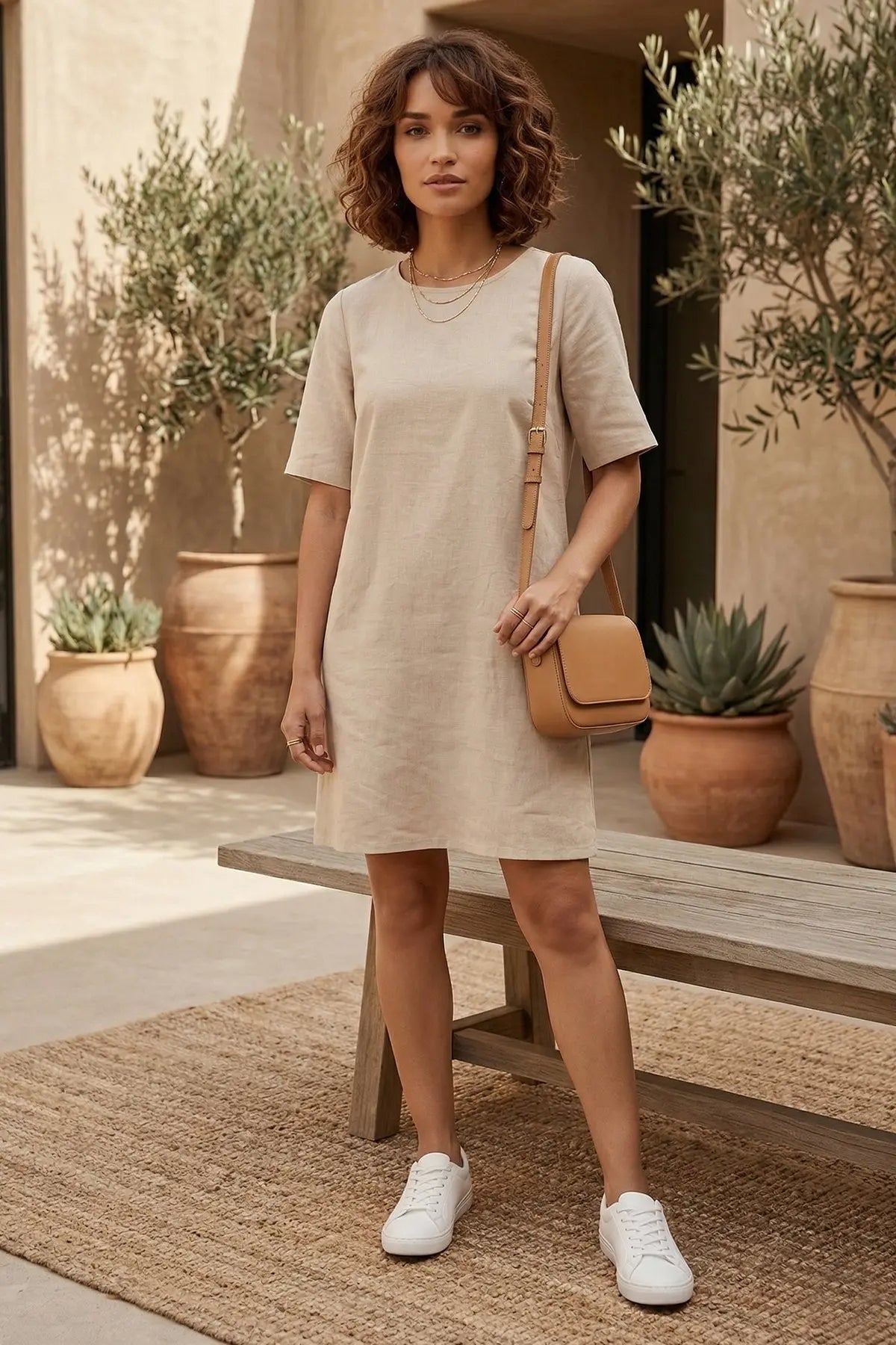 Beige Cotton Linen Loose Dress SNEHA B