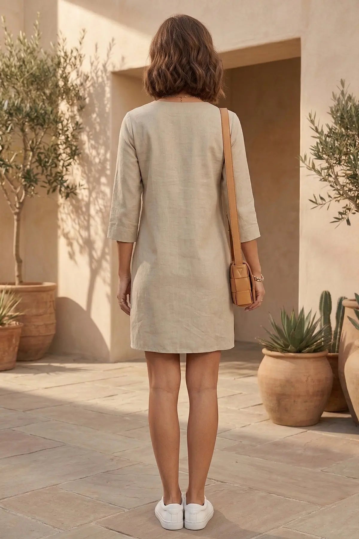 Beige Cotton Linen Mini Dress SNEHA B