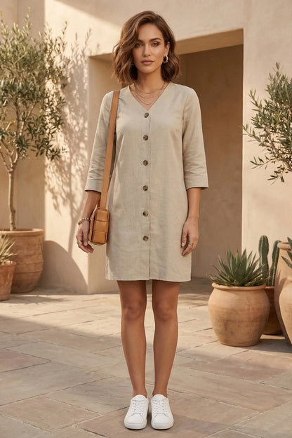 Beige Cotton Linen Mini Dress SNEHA B