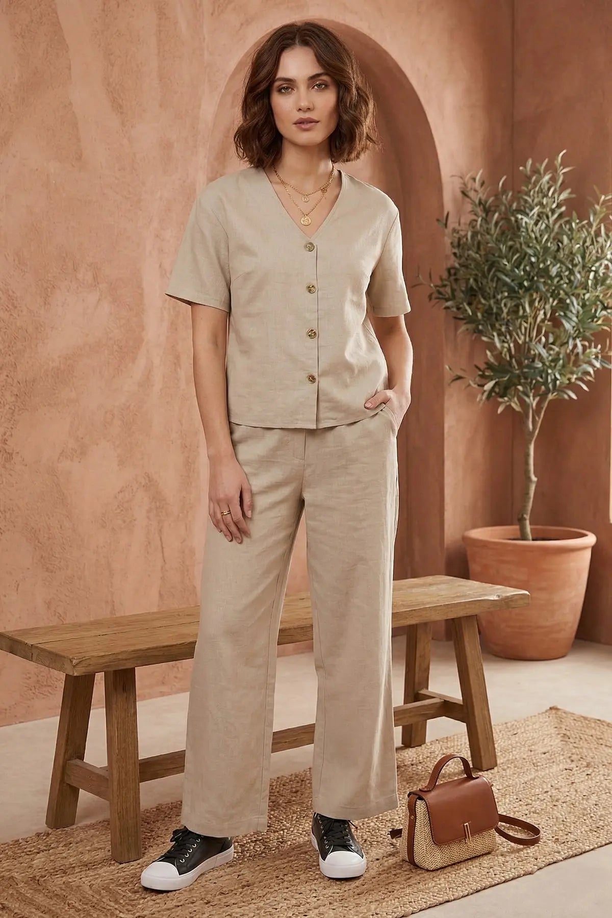Beige Cotton Linen Button Top SNEHA B