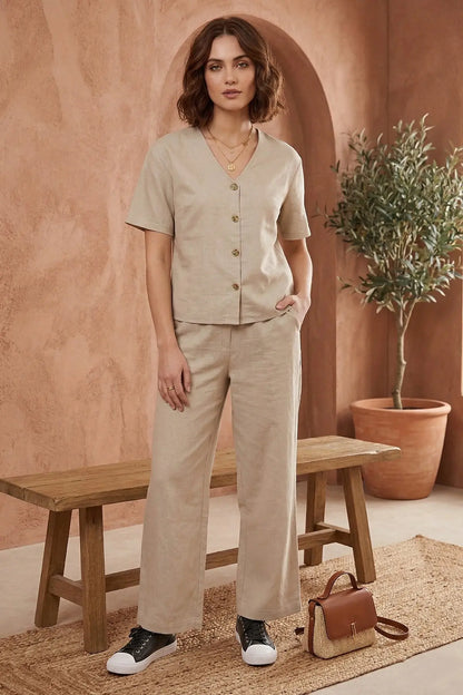Beige Cotton Linen Button Top SNEHA B