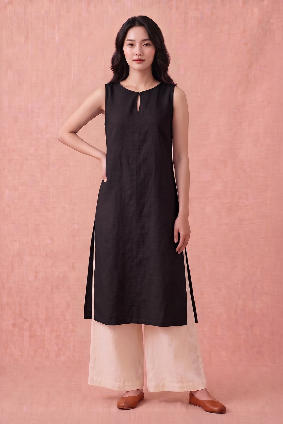 Black Cotton Linen Kurta Set