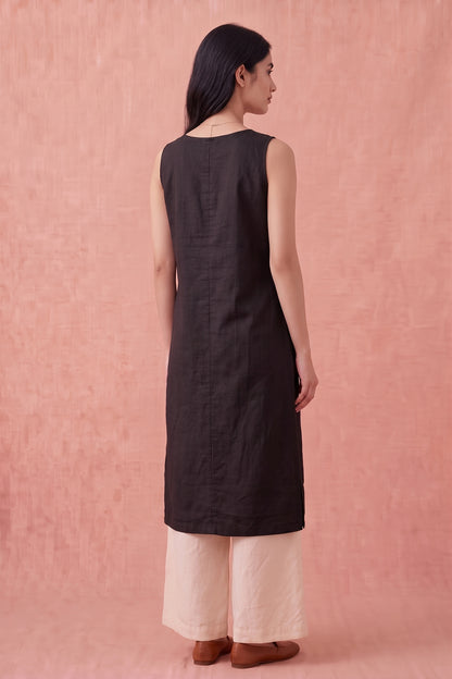 Black Cotton Linen Kurta Set