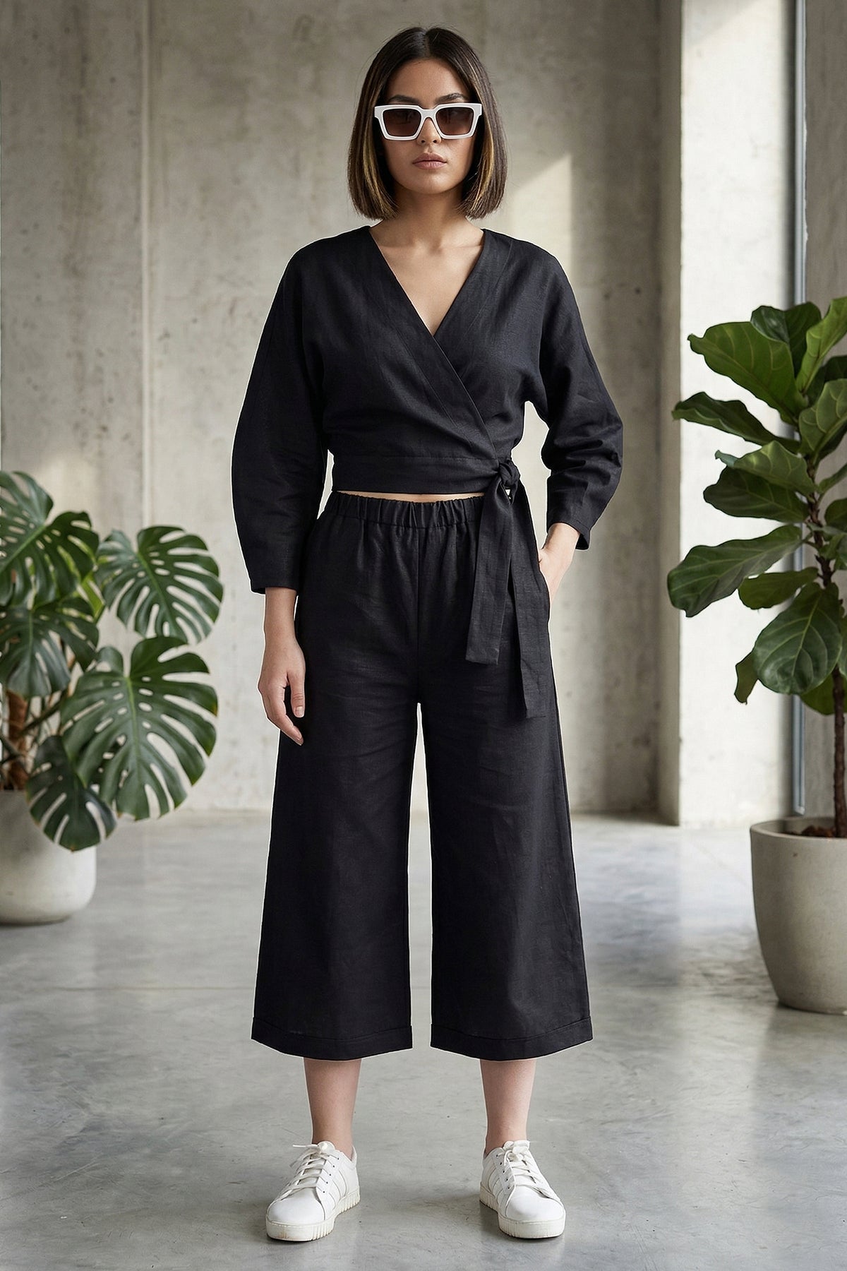 Black Cotton Linen Flare Pant