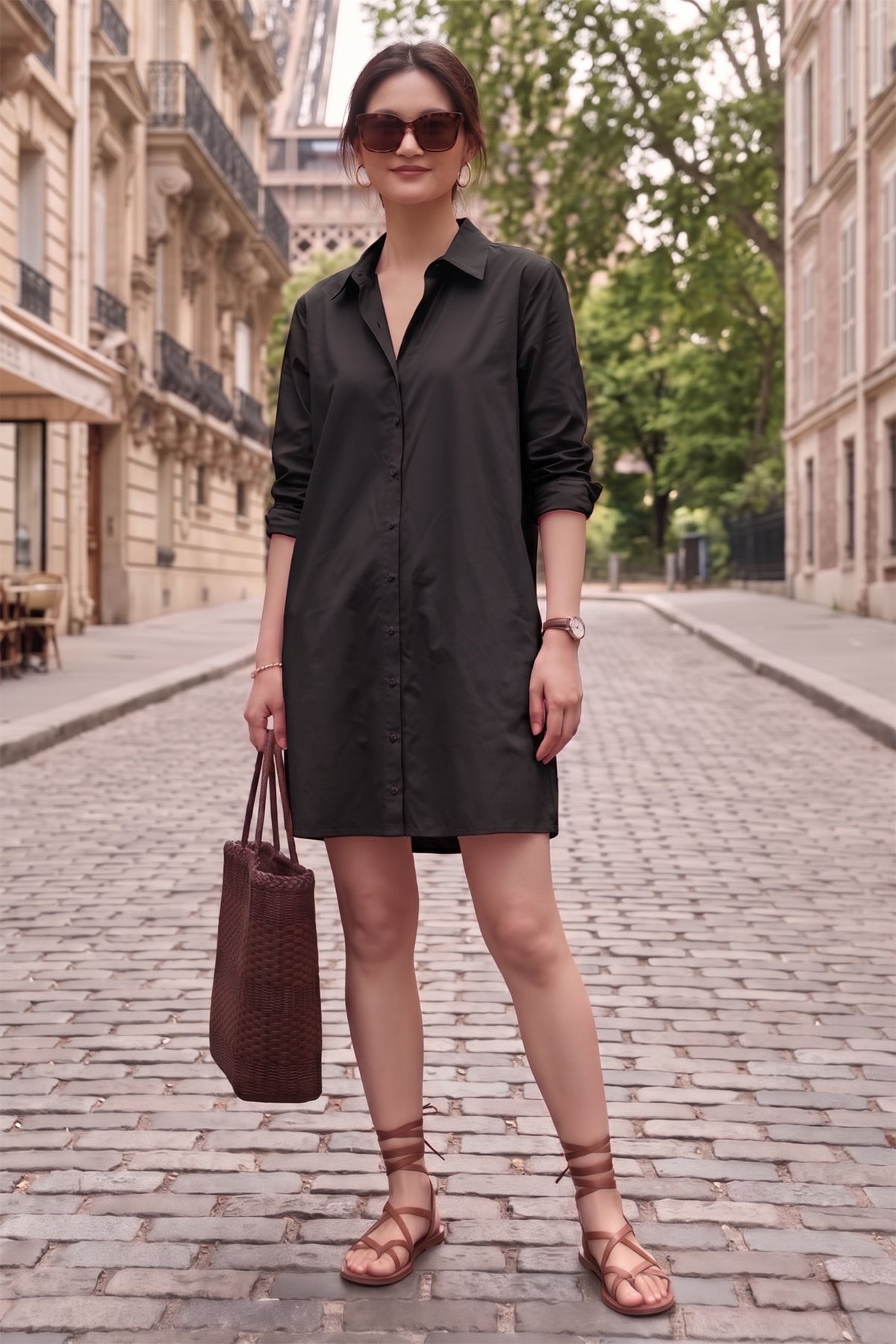Black Cotton Mini Shirt Dress