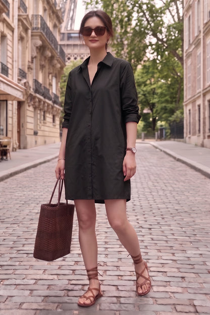 Black Cotton Mini Shirt Dress