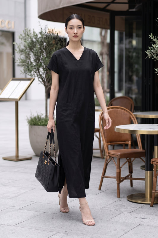 Black Front Pocket Slit Dress