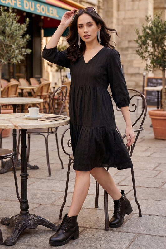 Black Tier Weave Texture Dress