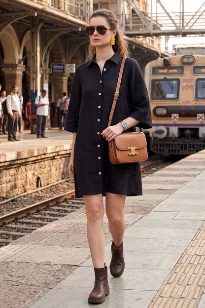 Black Button Collar Shirt Dress