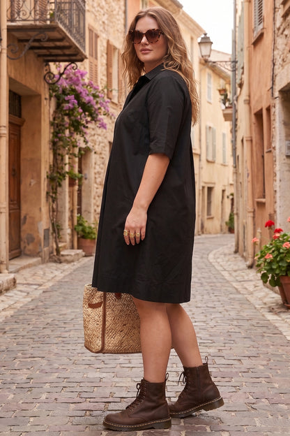 Black Cotton Box Pleated Dress