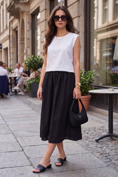 Black Cotton Linen A-Line Skirt
