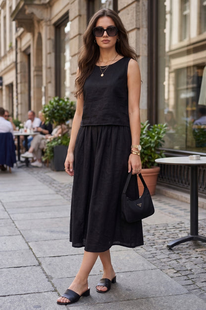 Black Cotton Linen Crop Top