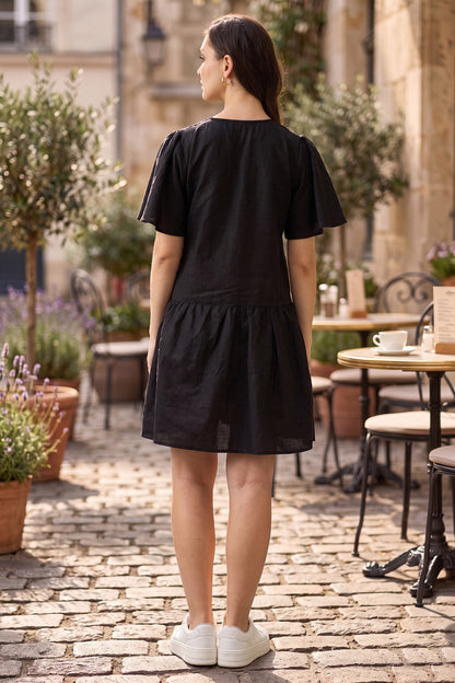 Black Cotton Linen Flare Dress