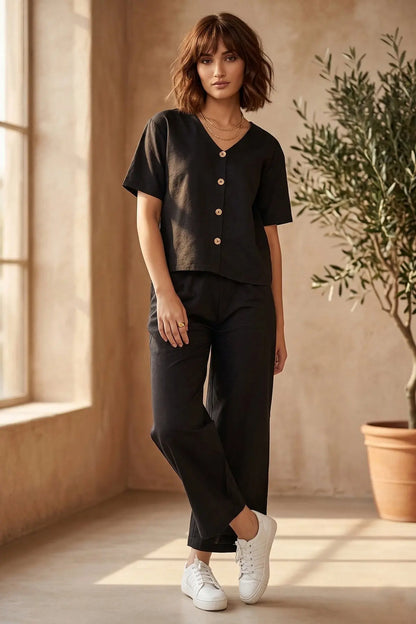 Black Cotton Linen Button Top SNEHA B