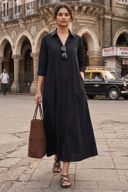 Black Cotton Maxi Shirt Dress
