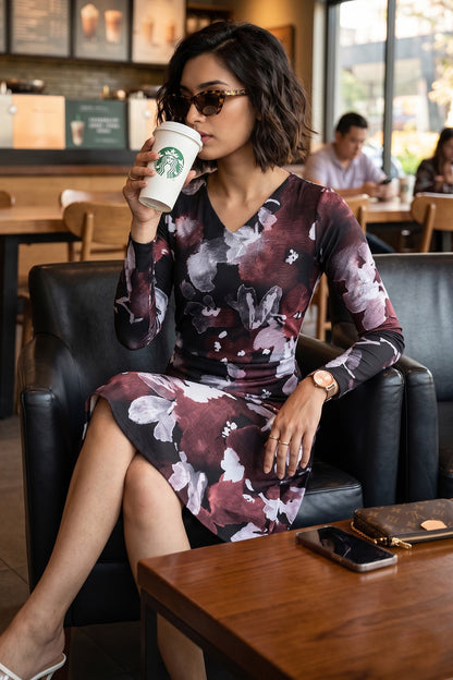 Black Floral Print A-Line Dress