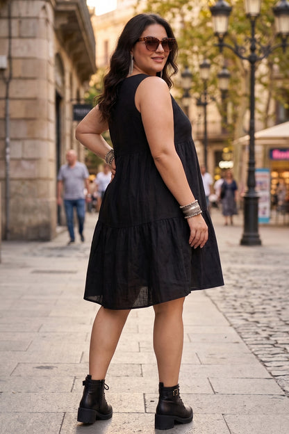 Black Gather Tiered Mini Dress