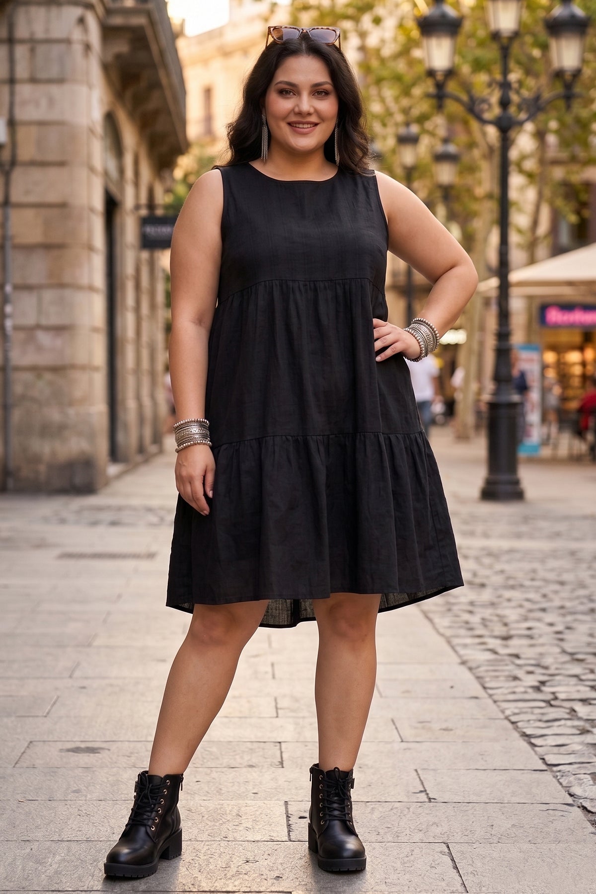Black Gather Tiered Mini Dress
