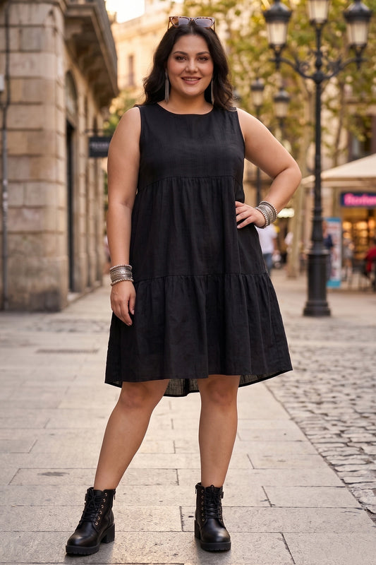 Black Gather Tiered Mini Dress