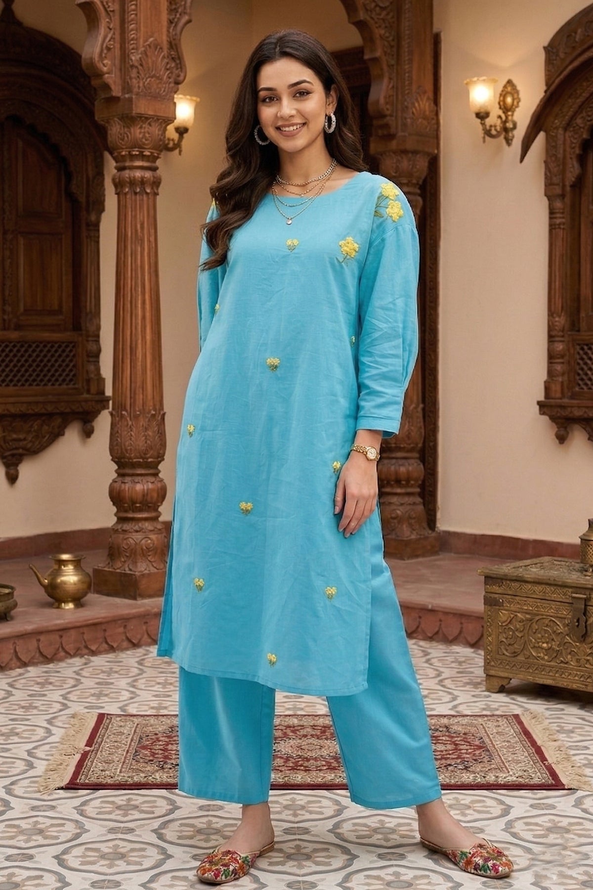 Blue Embroidered Kurta & Pants