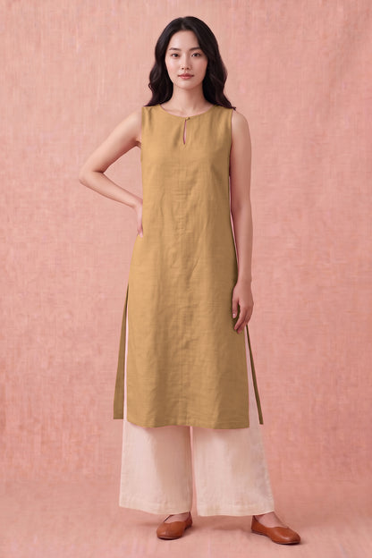 Camel Cotton Linen Kurta Set