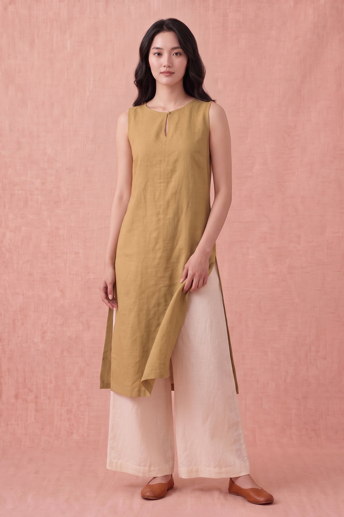 Camel Cotton Linen Kurta Set