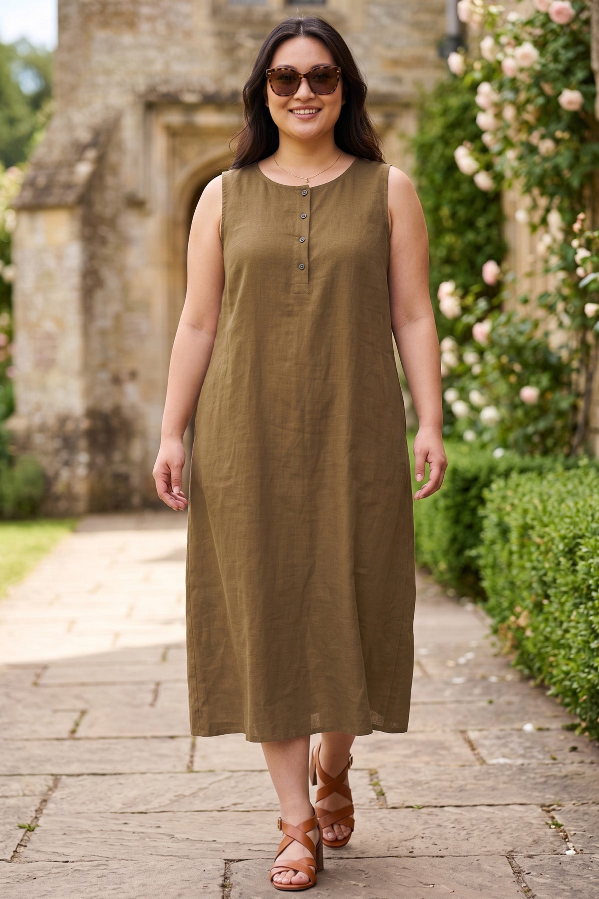 Camel Linen Blend Midi Dress