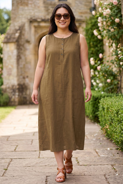 Camel Linen Blend Midi Dress
