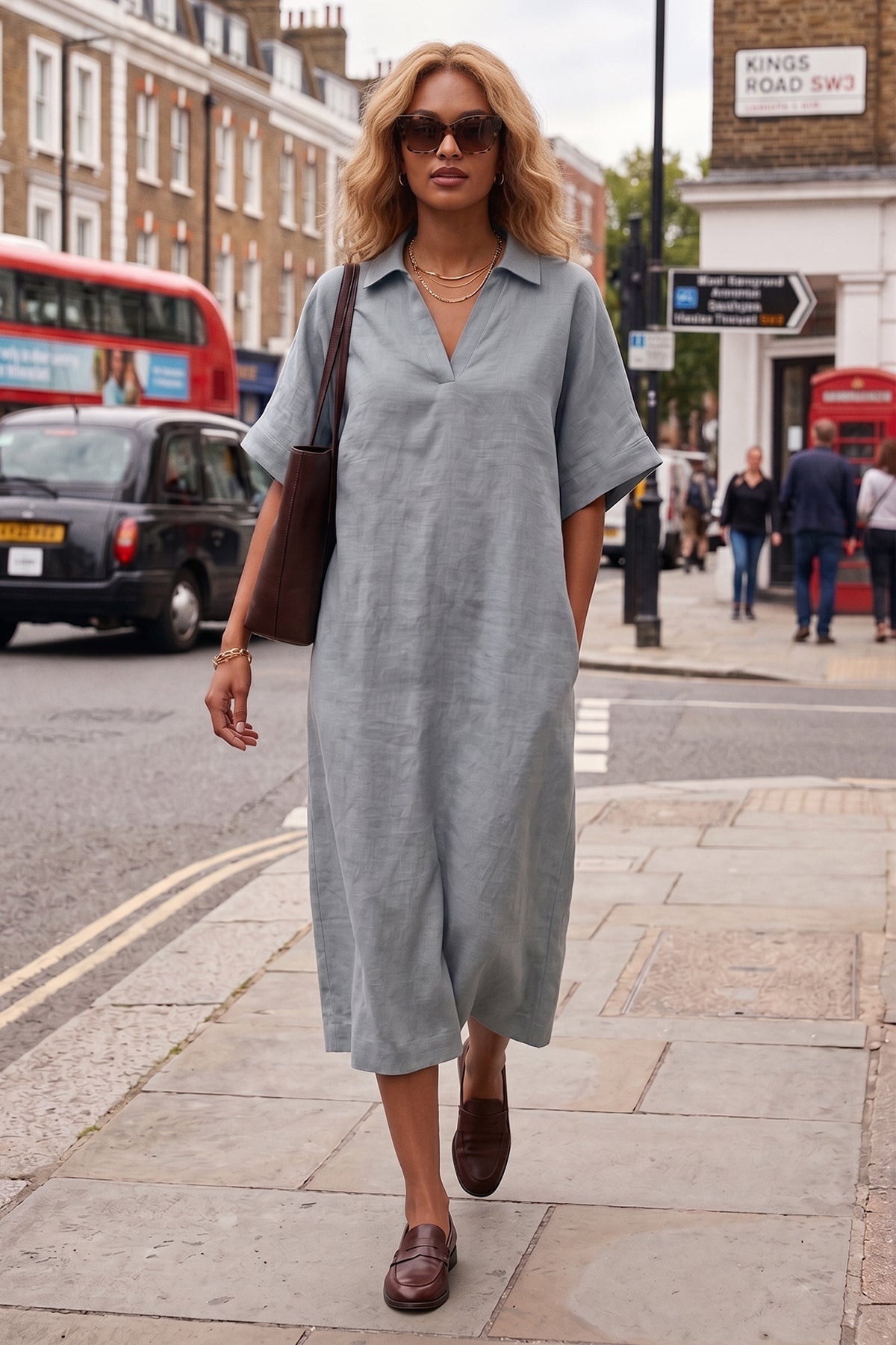 Cement Grey V-Neck Collar Dress