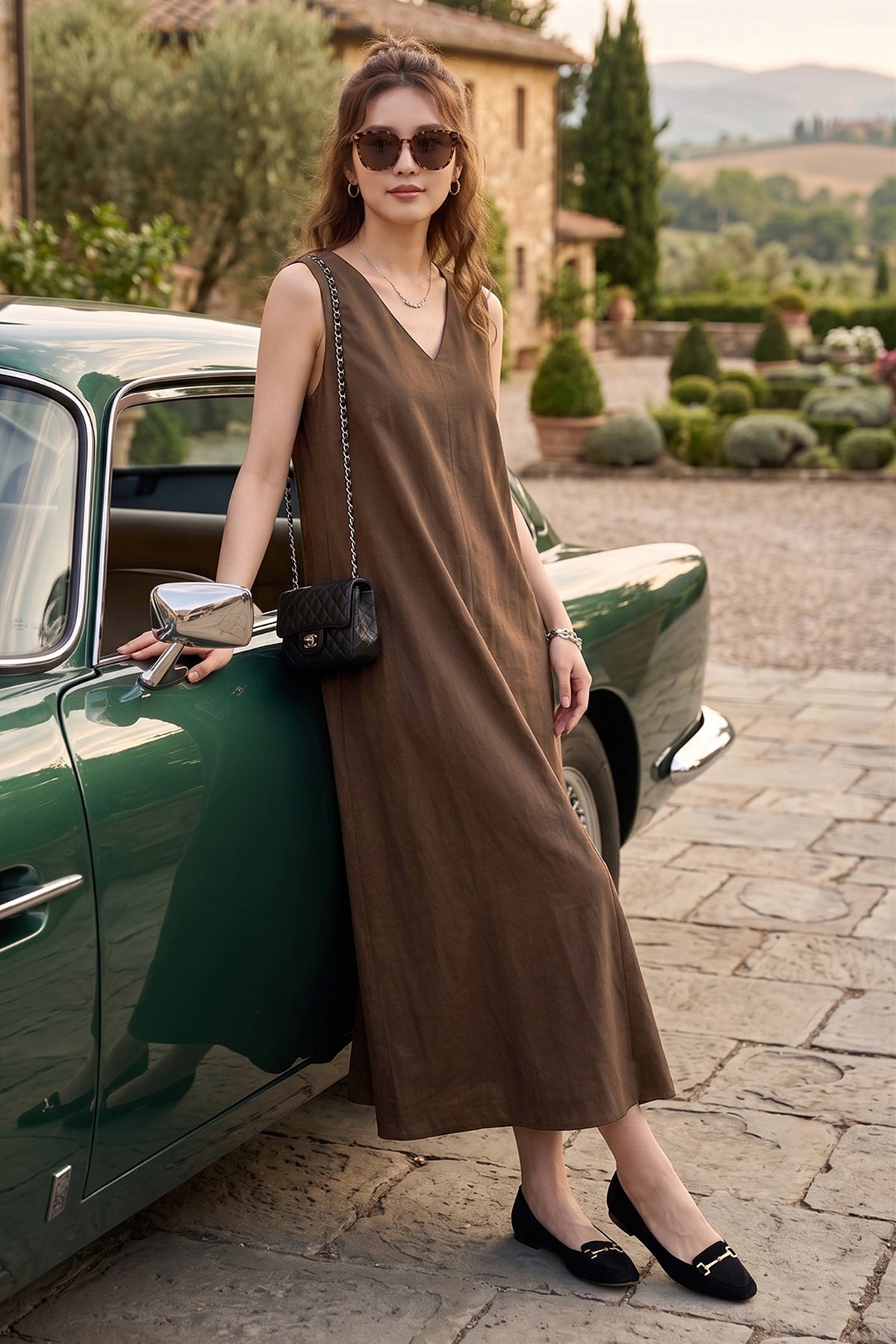 Coffee A-Line Cotton Maxi Dress