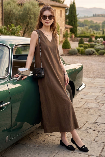 Coffee A-Line Cotton Maxi Dress